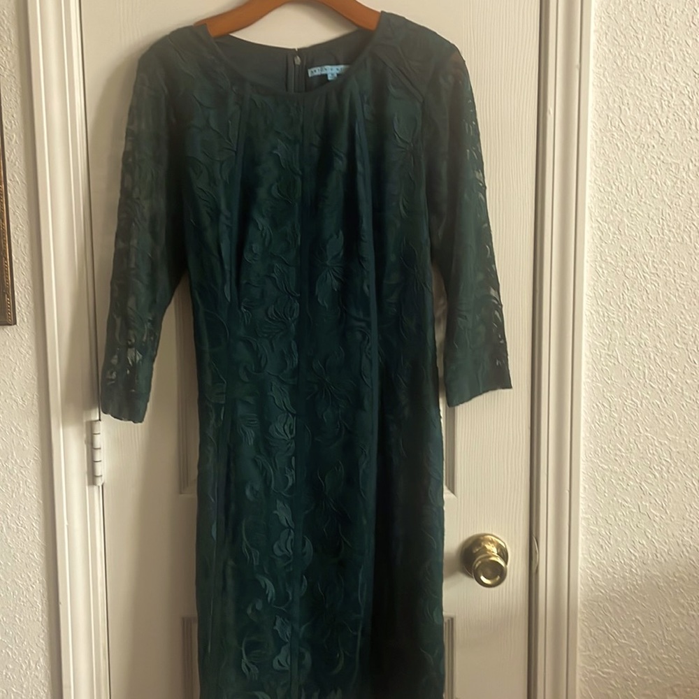 Antonio Melani 🌻 ~Embroidered w Lace Forrest Green Dress Sz 12.